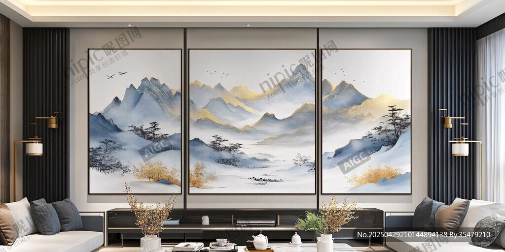 新中式客廳山水三聯裝飾畫