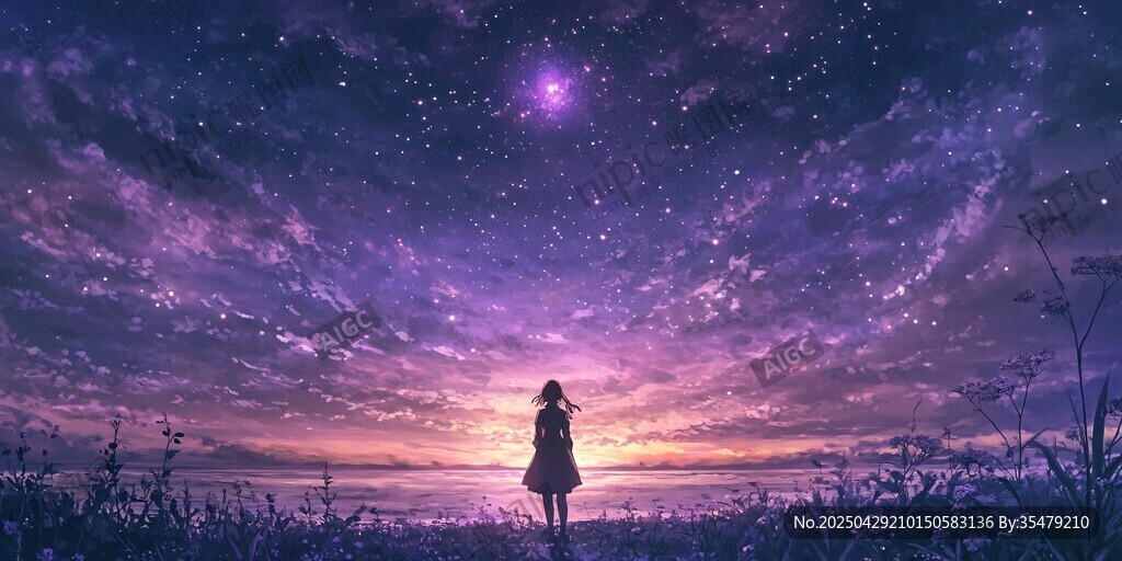 少女凝望夢幻星空夜景