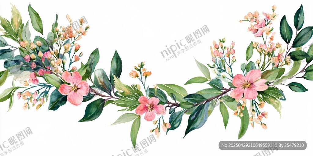 手繪粉色花卉綠葉花環(huán)