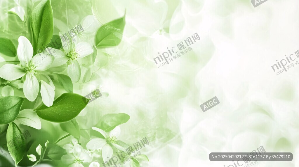 清新綠葉白花背景圖