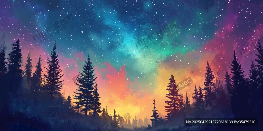 夢幻星空下的靜謐森林
