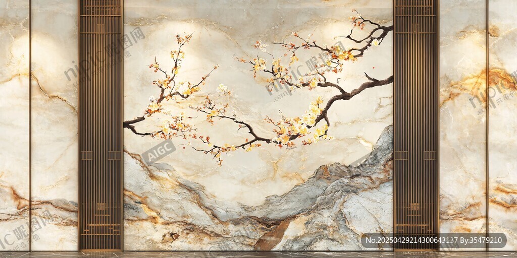 中式山水梅花背景墻畫