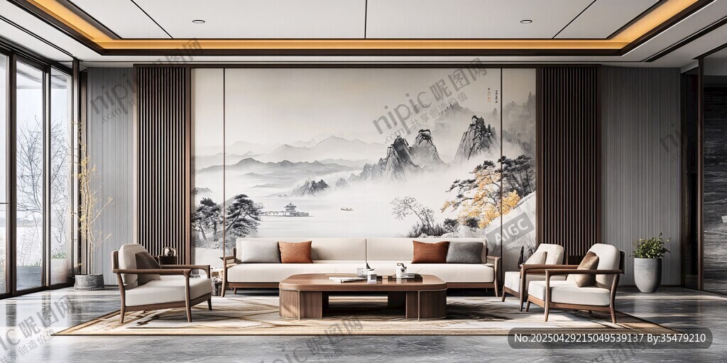 新中式雅致客廳室內(nèi)場(chǎng)景