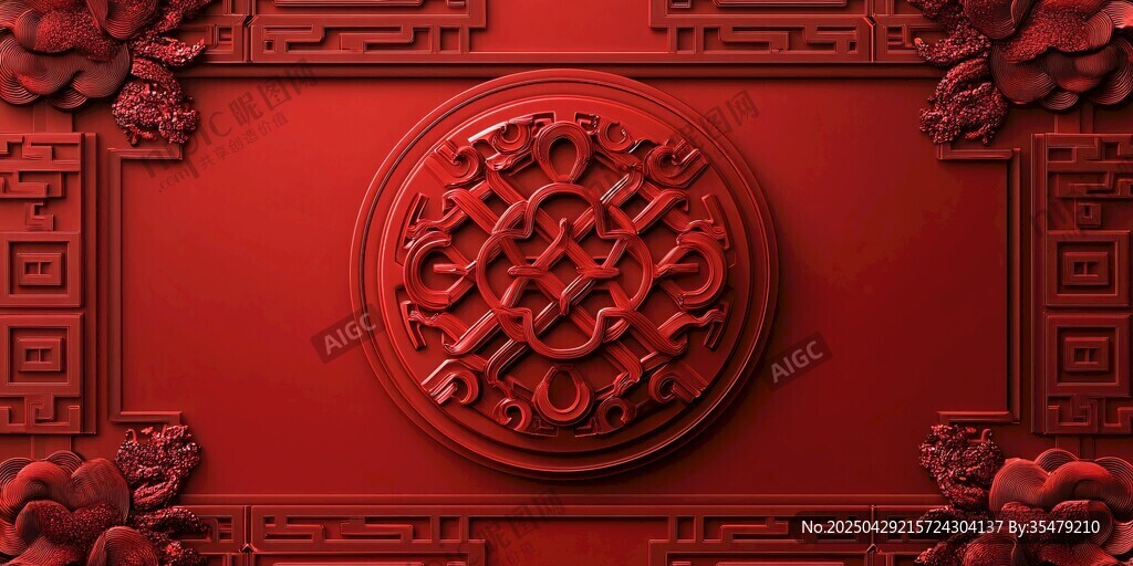 中式紅雕福紋喜慶裝飾圖