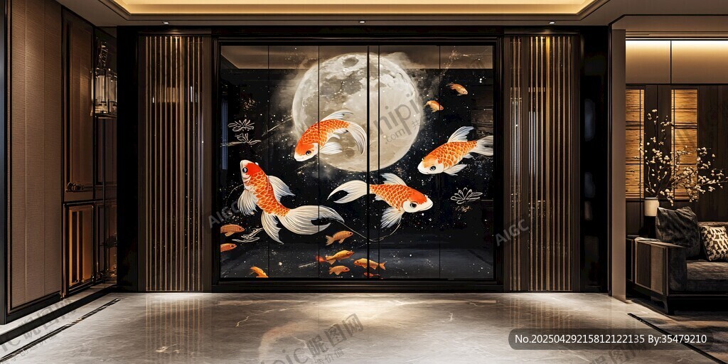 中式玄關(guān)處的錦鯉藝術(shù)壁畫