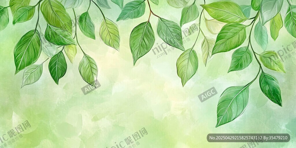 清新綠葉水彩背景圖