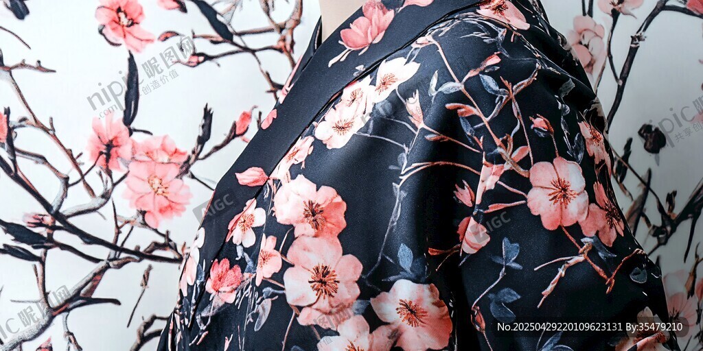 黑色繁花印花服飾局部特寫