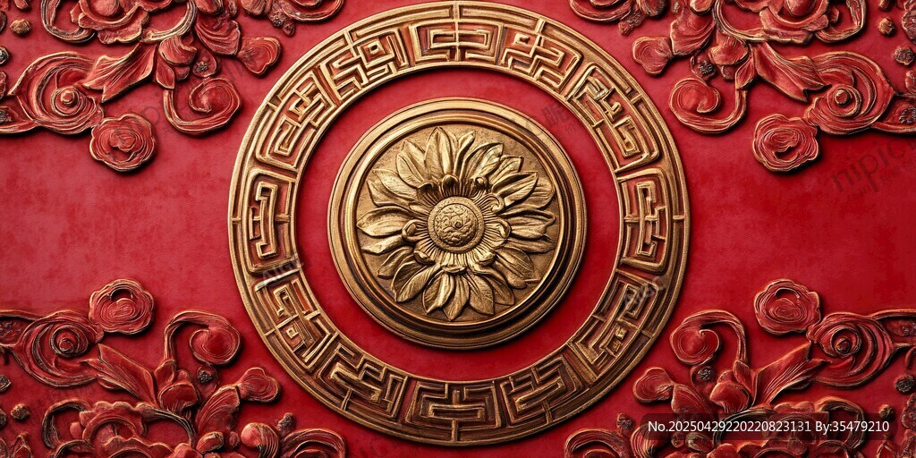 中式紅墻精美金色雕花