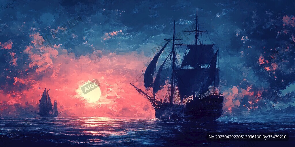 海上落日下的帆船美景