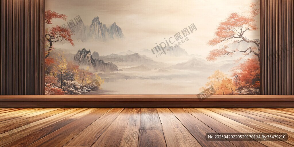 中式山水背景的木質(zhì)空間