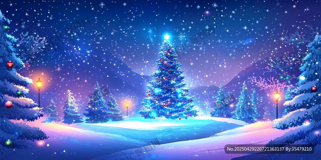 梦幻冬夜圣诞树雪景图 梦幻冬夜圣诞树雪景图