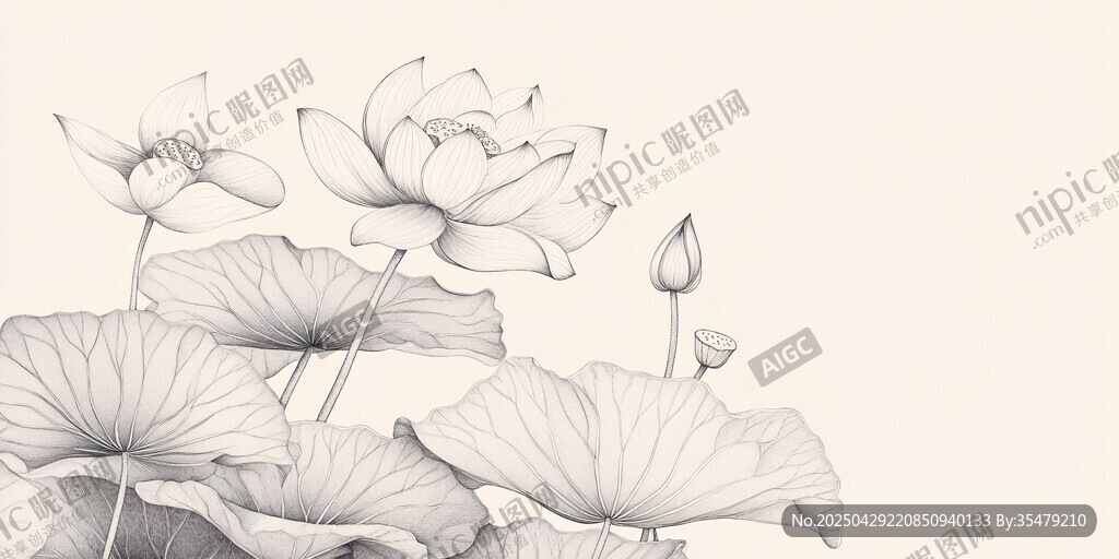 水墨荷花線稿 淡雅中式風(fēng)