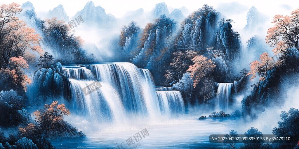 水墨山水間的壯美瀑布