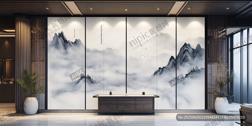 中式山水風(fēng)大氣客廳背景墻