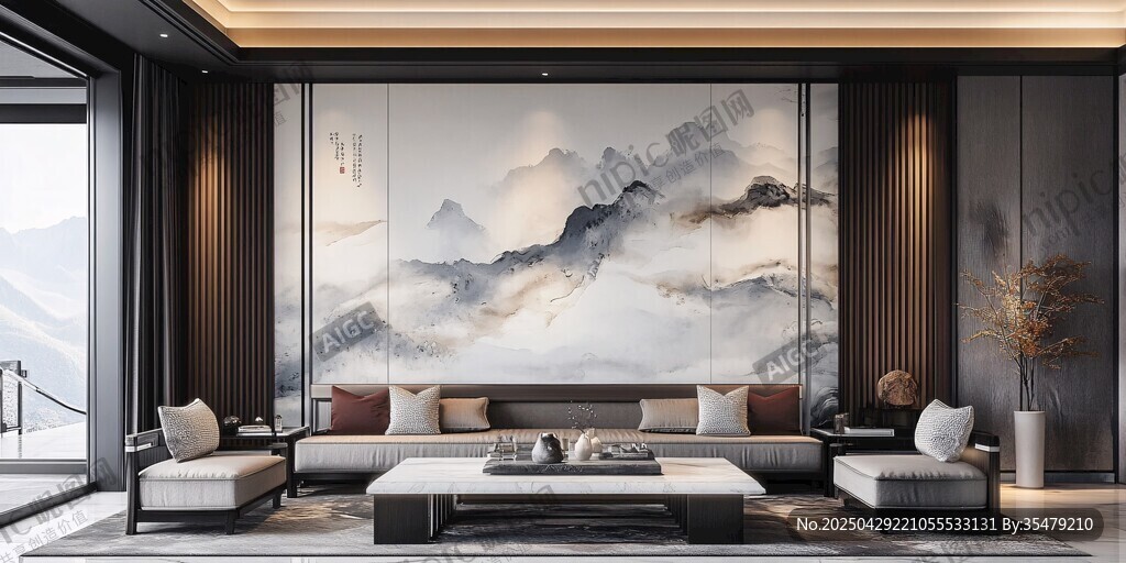 中式客廳 水墨山水背景墻