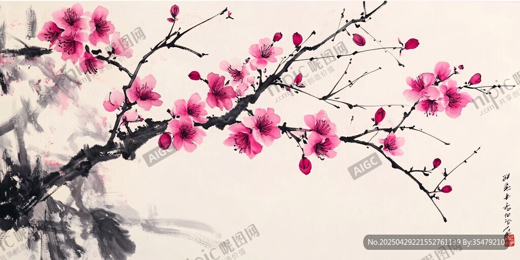 水墨紅梅圖