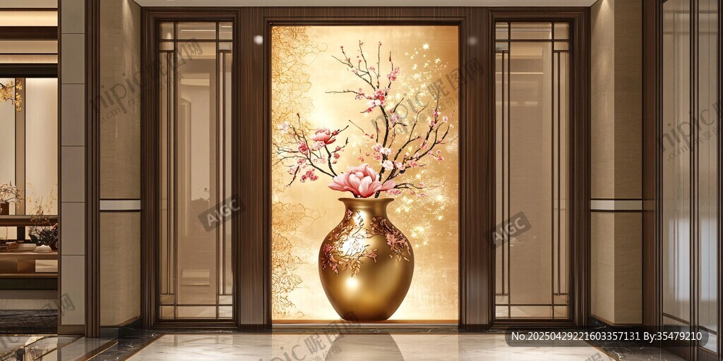 金花瓶梅花玄關藝術壁畫