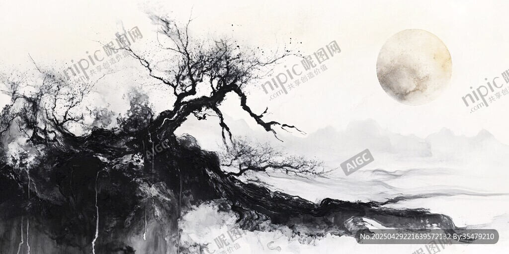 月夜枯樹水墨山水意境