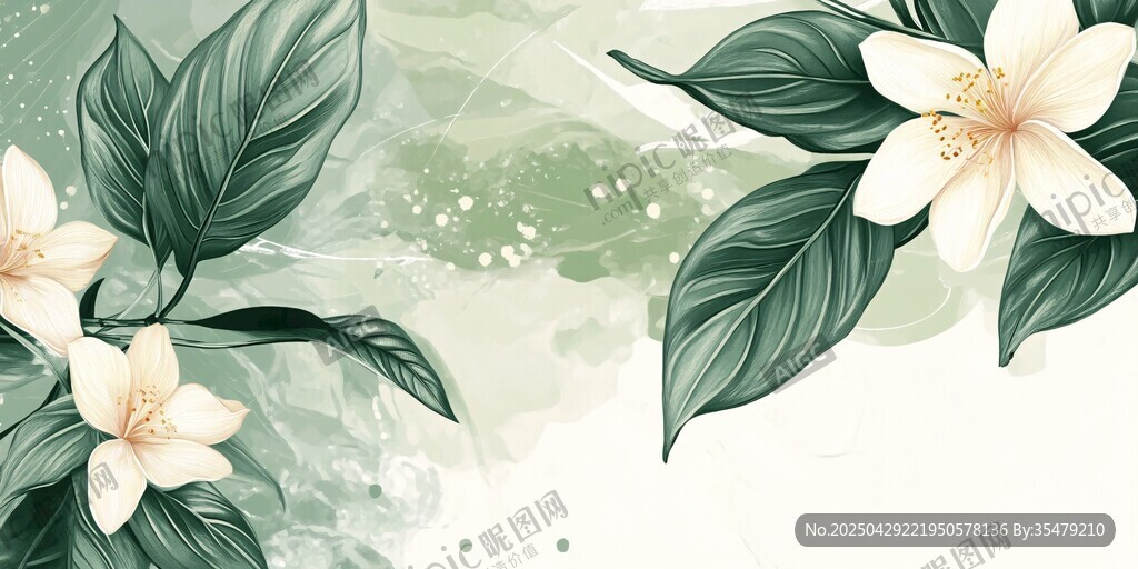 清新花卉綠葉水彩背景圖