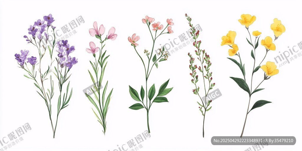 手繪多彩花卉植物集合