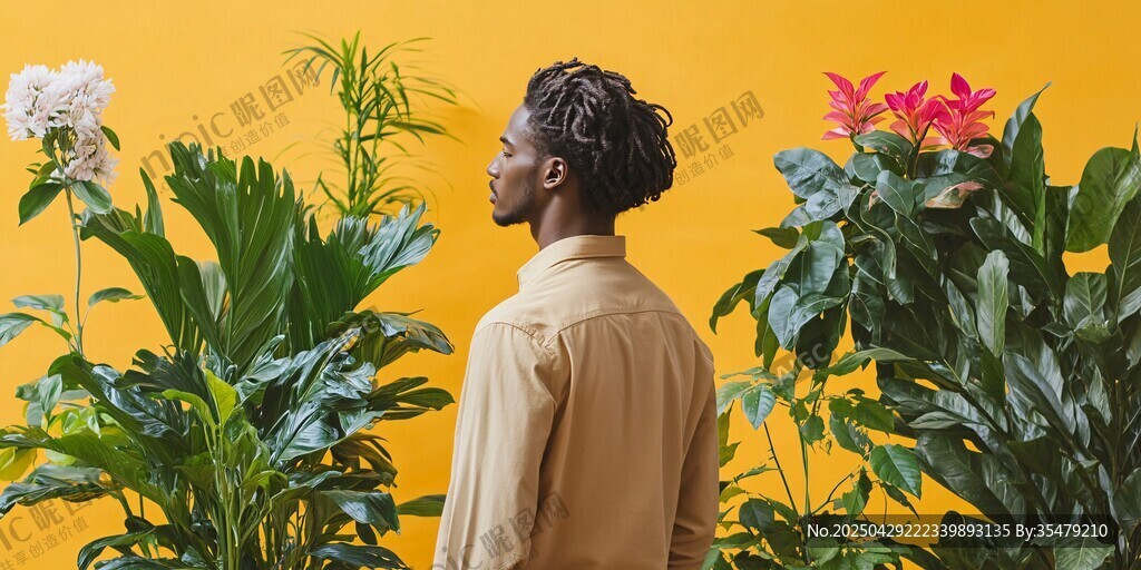 男子置身多彩植物間賞景