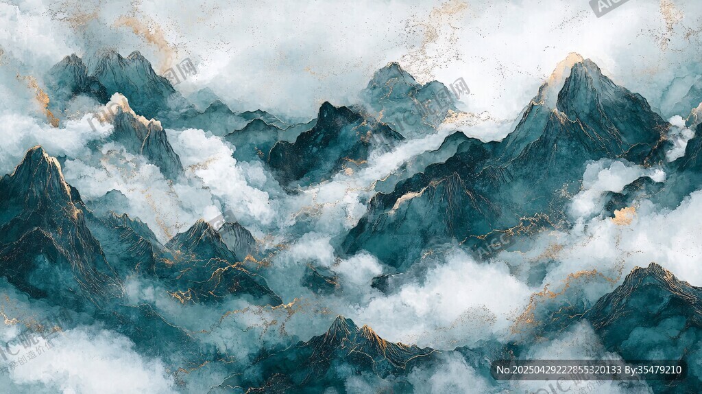 水墨云海中的青綠山巒