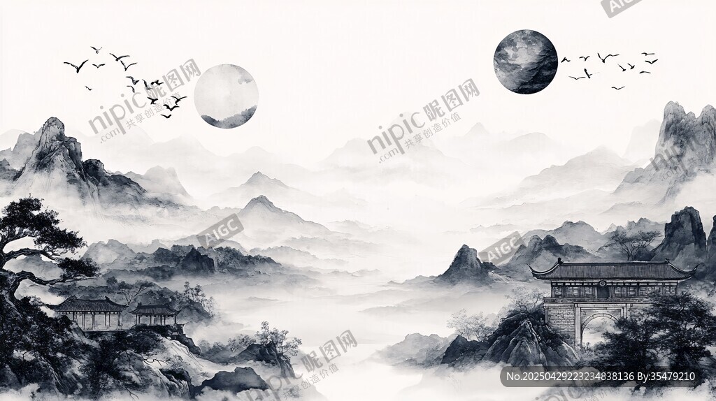 水墨山水間 雙月飛鳥景