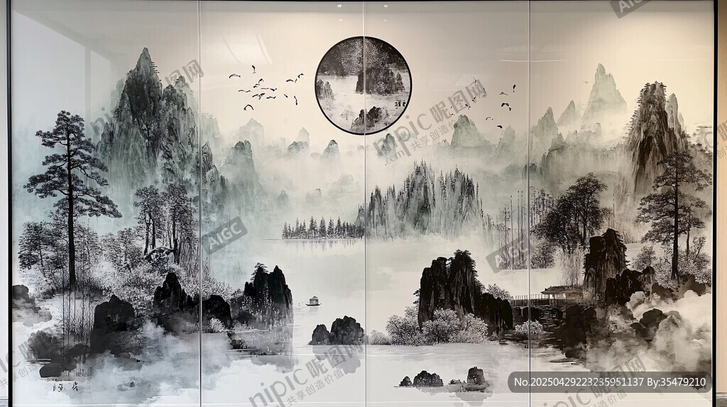 水墨山水意境屏風畫
