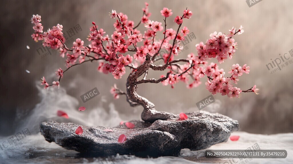雪中綻放的精致梅花盆景