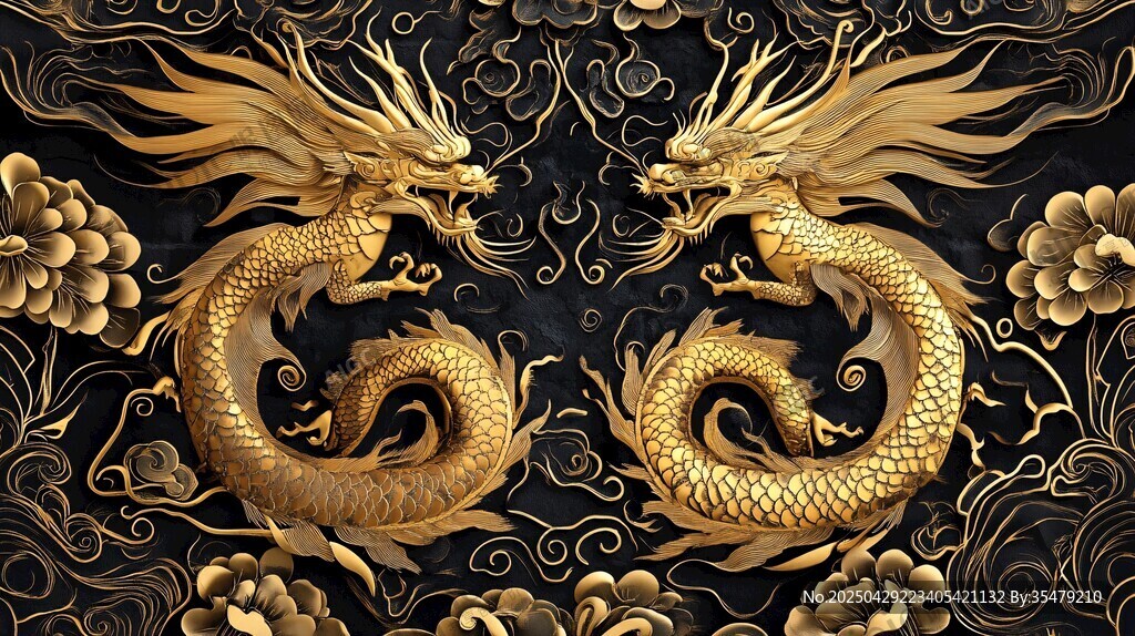 雙金龍戲牡丹華麗紋飾