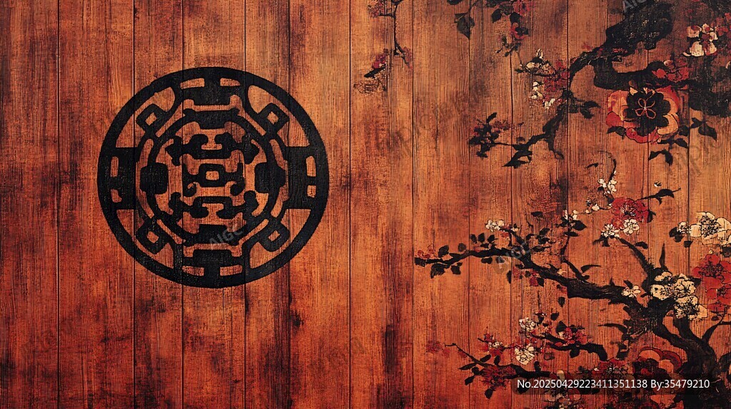 中式木雕福紋與花卉背景