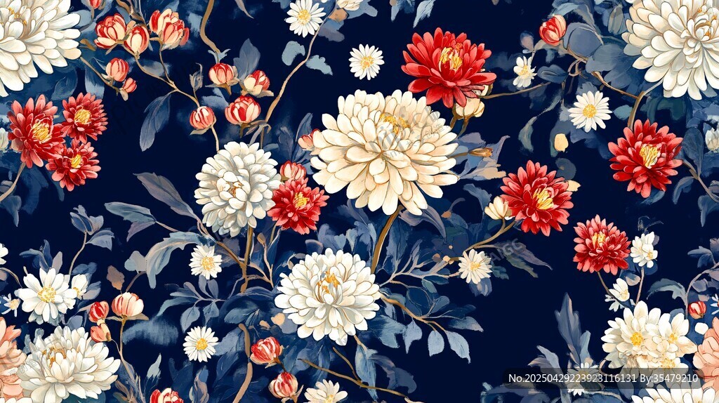 深藍底花卉圖案精美印花