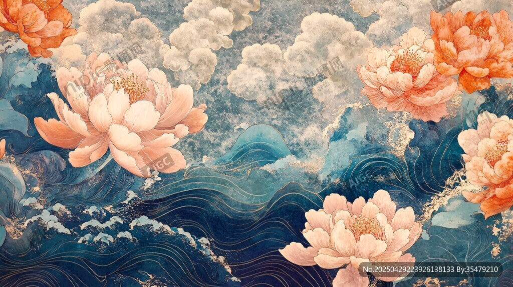 國風花卉海浪藝術插畫