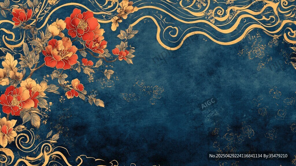 中式藍底金紋花卉裝飾背景