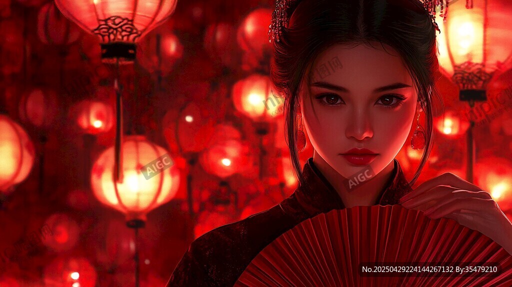 古風(fēng)紅妝佳人持扇映燈籠