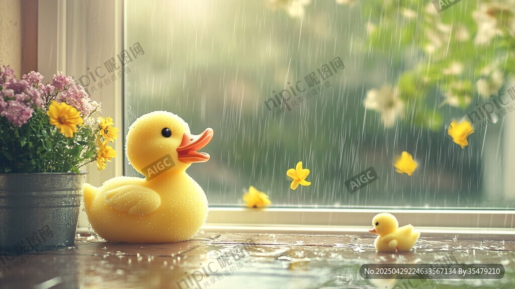 窗邊黃鴨伴雨景小花