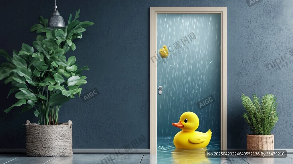 小黃鴨雨中站在門前場景