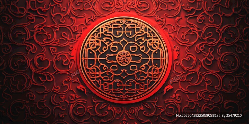 中式紅底圓形傳統(tǒng)花紋圖案