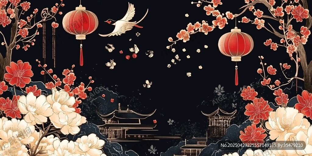 中式夜景繁花燈籠飛鳥圖