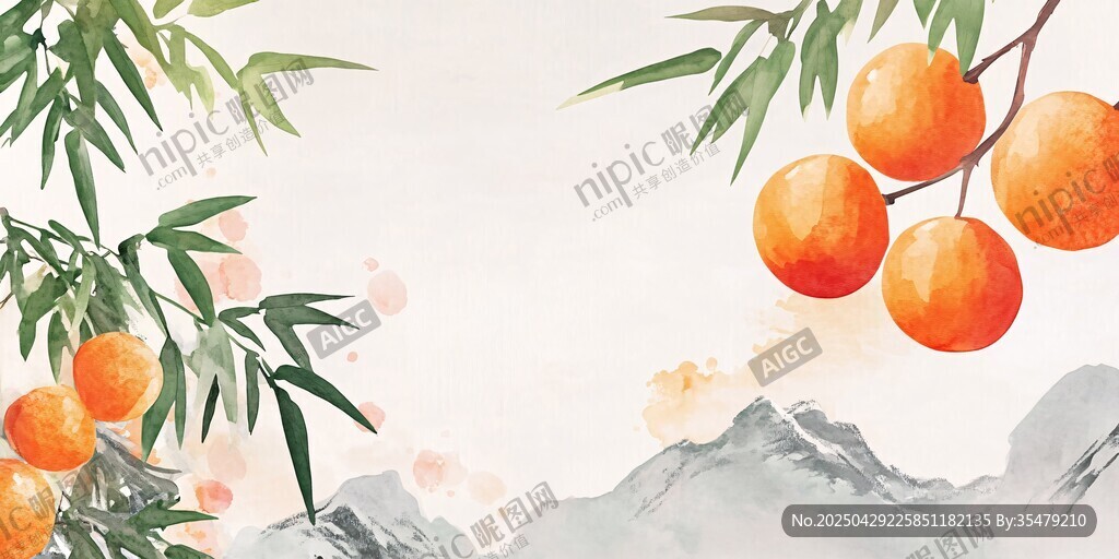 水墨風柿子與山水景致