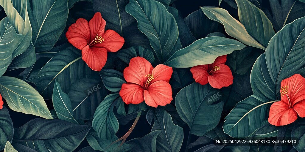 艷紅花朵與繁茂綠葉圖案