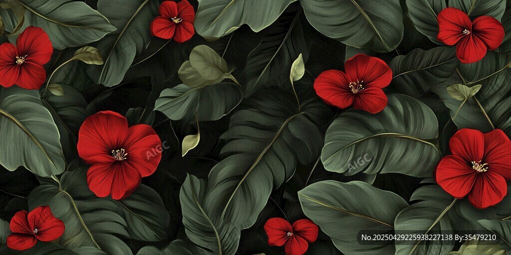 紅花朵與綠闊葉植物圖案