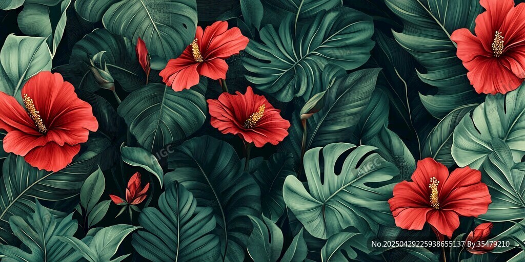 熱帶花卉綠葉圖案背景