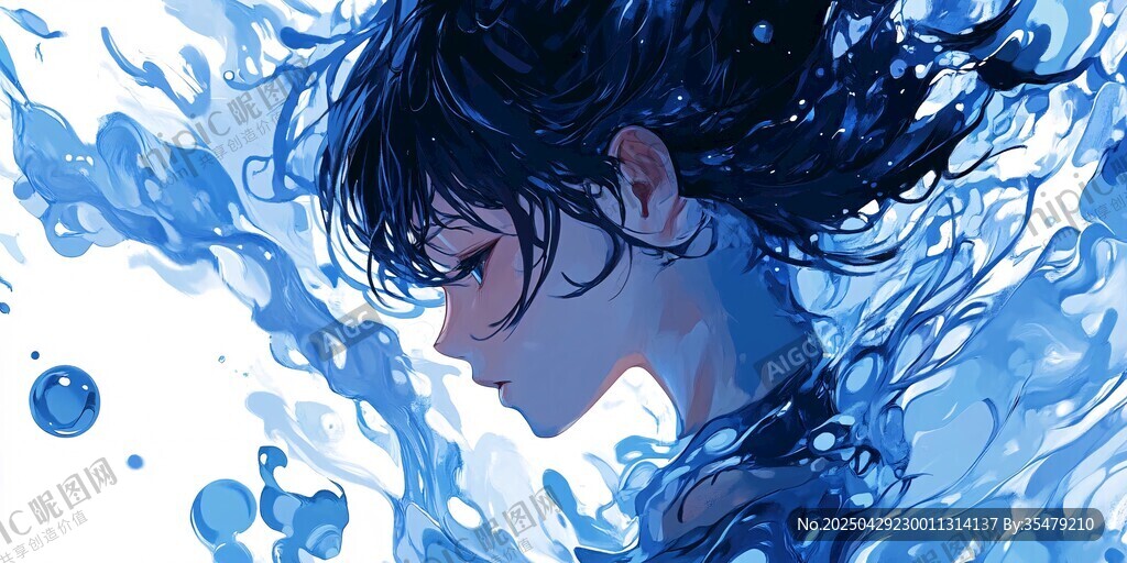 藍(lán)發(fā)少女于水花中沉醉