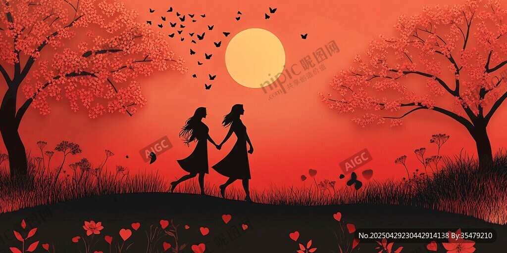 夕陽下的浪漫閨蜜漫步