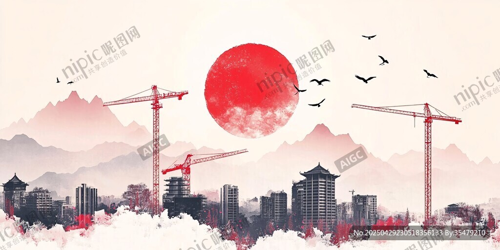 紅日下的城市建設(shè)圖景