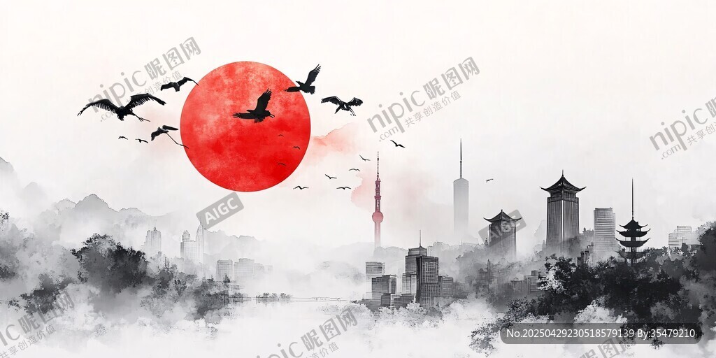 紅日飛鳥下的水墨城市景