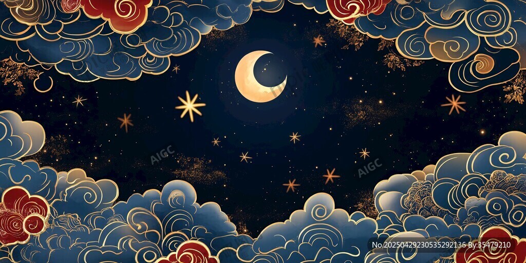 中式夢幻月夜云景圖