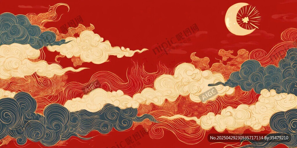 中式古風(fēng)祥云紅月背景圖