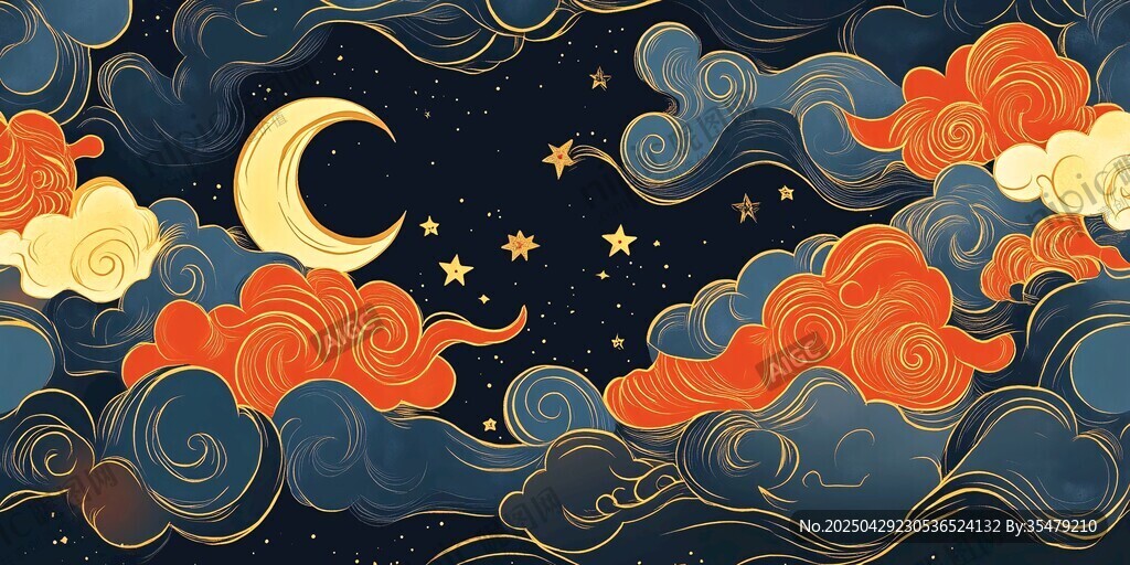 夢幻月夜祥云星空插畫